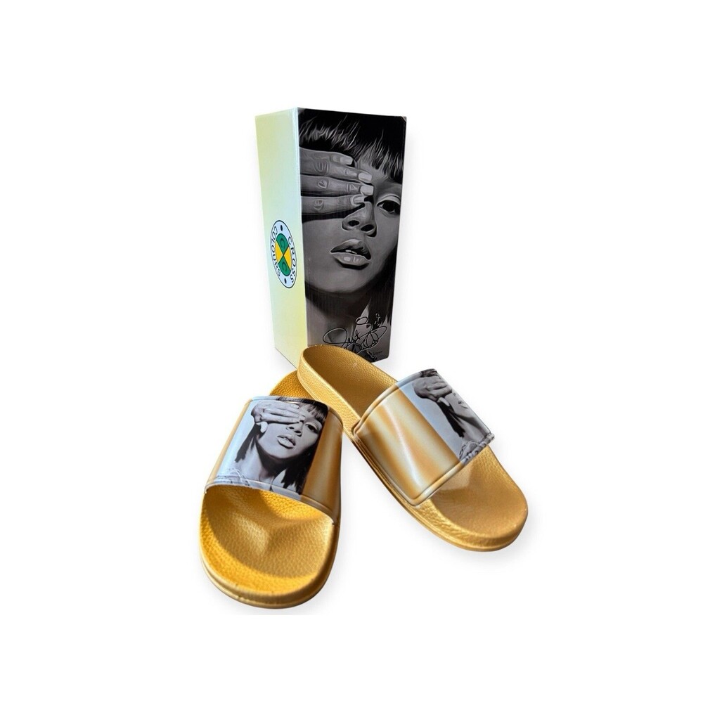NWT Cross Colours Left Eye Legacy Gold Slides Women’s 10 TLC Lisa Lopez Grunge